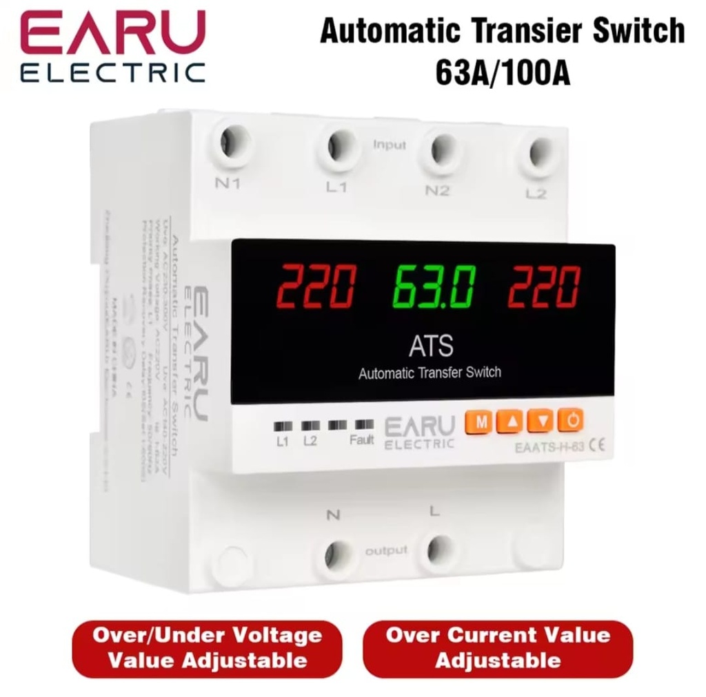 Breaker ATS EARU Interruptor Transferencia Automática con Pantalla Led 2P 63A 110V